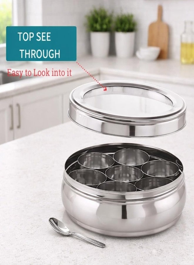 DARAZ علبة توابل داراز الكلاسيكية من الفولاذ المقاوم للصدأ | علبة توابل | علبة ماسالا | منظم بغطاء زجاجي شفاف، يحتوي على 7 علب وملعقة صغيرة، فضي اللون - Image 2